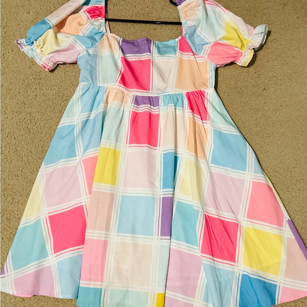 SHEIN Pink and Blue Casual Midi Dress with Square Neck